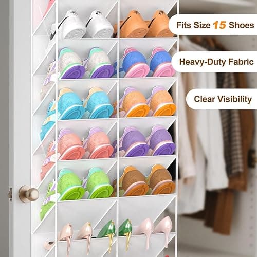 UVIAHOMI 20-30 Pairs Over the Door Shoe Organizer, Clear Pockets Hanging Shoe Storage for Closet, 10-Tier Door Shoes Rack, Handing Shoes Holder Fit All the Family's Sneakers, Boots, Heels, White thumbnail 6