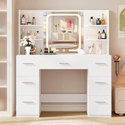 LIVELYGLOW White Large Makeup Vanity Desk with Smart LED Mirror & Power Station, 43" Professional Dressing Table with 7 Drawers, 4 Open Shelves & Hairdryer Holder for Bedroom thumbnail 9