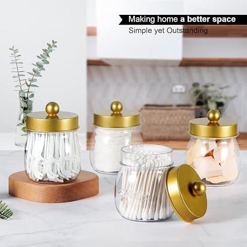 Farmhouse Decor Apothecary Jar Set,Mason Jar Bathroom Vanity Storage Organizer Canister - Qtip Holder Plastic Acrylic Jar for Cotton Swabs,Cotton Pads,Floss Picks,Paper Clips,Hair Clips(2 Pack,Gold) thumbnail 5