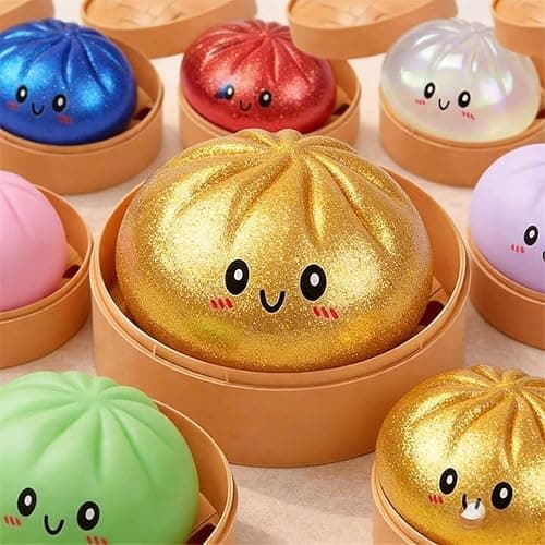 Dumpling Squishy, Glitter Mystery Dumplings Box, Squishy Dumpling Stress Relieving Toy, Soft Squeeze Decompression Dough, Interesting, with Food Steamer Stretchy Desk Toys (B-Purple) thumbnail 5