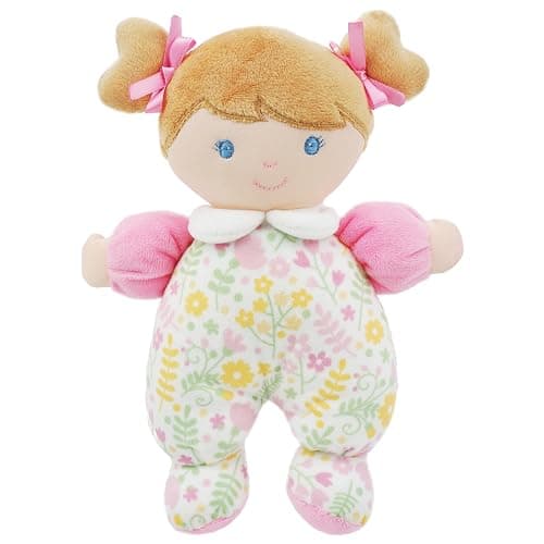 June Garden My First Doll Blossom, 9.5" Soft Plush Baby Doll with Gentle Rattle, Embroidered Face, Pink Floral Pajamas, First Doll Gift for Newborns, Infants & Toddlers - Image 1