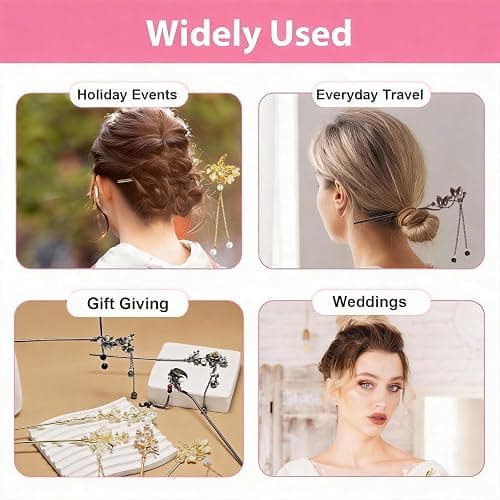 8 Pcs Chinese Hair Sticks Set, Gold White Japanese Hair Stick with Pearl Butterfly Flower Design, Metal Hairpins for Women Girls, Traditional Asian Hair Accessories for Bun Updo (Black and Gold) thumbnail 3
