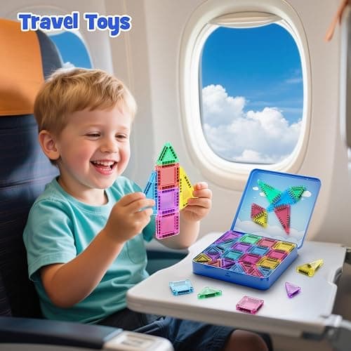 JSDKFJSA 60-Piece Mini Magnetic Tiles Set with Iron Box - Ideal Travel Puzzle Toys for Toddlers Aged 3-5, Montessori STEM Building Blocks, Educational Birthday Gift thumbnail 2