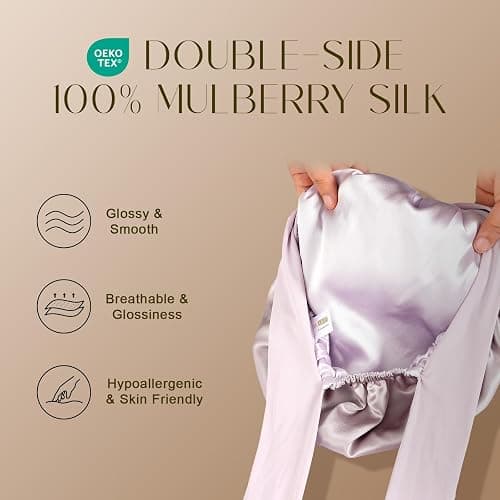 ZIMASILK 100% Mulberry Silk Bonnet for Sleeping Women Long Hair Double Layer Silk Hair Wrap with Tie Band Stay On Head (1Pc, Purple) thumbnail 2