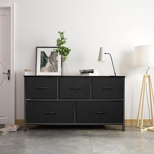 Sonharlar Dresser for Bedroom with 5 Drawers, Chest of Drawers, Storage Drawers Organizer Unit, Black Wide Fabric Dresser with Fabric Bins for Closet, Living Room, Bedroom (Charcoal Black) thumbnail 4