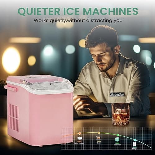 NEWBULIG Ice Makers Countertop with Handle, Portable Ice Machine, 9 Bullet Ice Cubes in 6 Mins, 26lbs in 24Hrs, Auto-Cleaning, with Basket and Scoop, for Home, Kitchen, RV, Camping,Light Pink thumbnail 5
