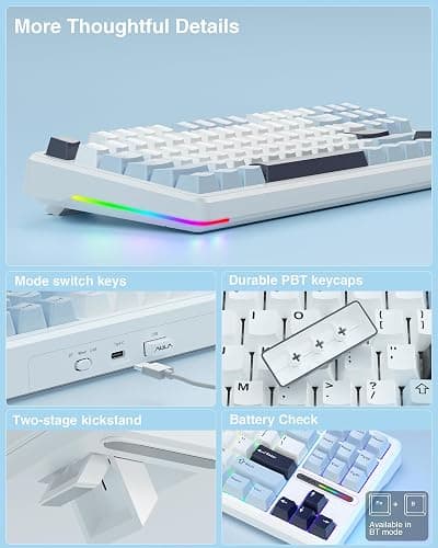 AULA F87 Wireless Gaming Keyboard Tri-mode,75% Percent Hot Swappable Custom Keyboards,Five-Layer Padding,Pre-lubed Switches,RGB Backlight,TKL Mechanical Keyboard for PC/Mac (Glacial Blue) thumbnail 8
