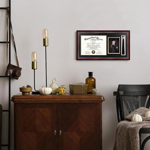 GraduationMall 11x22 Cherry Diploma Frame with Tassel Holder and Picture for 8.5x11 Certificate 5x7 Photo,Tempered Glass,Black over Gold Mat thumbnail 2