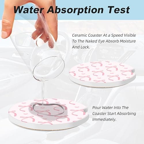 Cute Pink Bow Car Coasters for Cup Holders,2 Pack Car Cup Holder Coasters for Car,Ceramic Absorbent Car Coaster with A Finger Notch and Cork Base,Car Interior Accessories for Women Men thumbnail 5