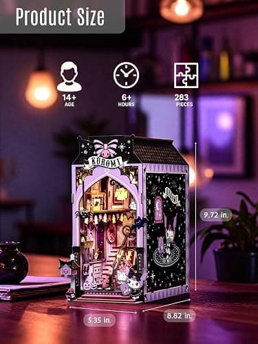 Hands Craft Kuromi Spooky House DIY Book Nook Kit – Official Sanrio Miniature Shelf Insert with Touch LED – 283-Piece 3D Puzzle for Adults & Teens – Playful & Enchanting Halloween Décor thumbnail 3