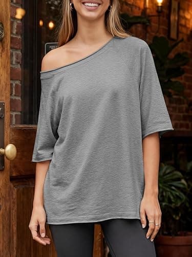 Fisoew Womens Off The Shoulder Tops Oversized Short Sleeve T-Shirts 2026 Summer Spring Casual Fashion Tees thumbnail 4