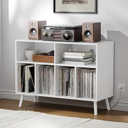 Cozy Castle Record Player Stand with Vinyl Storage Cabinet, Wood Turntable Table Open Shelf Holder Up to 350 Albums Cube Storage Organizer for Living Room, Office, White - Image 1