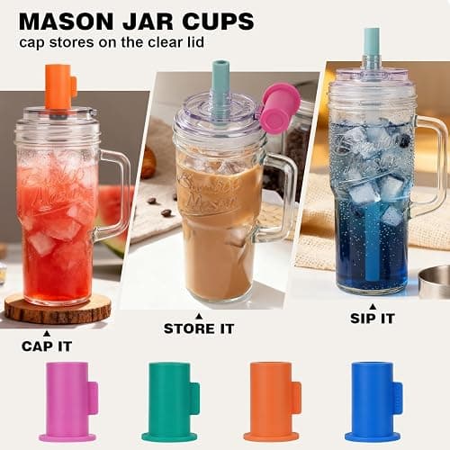 Bamboo Mason Leakproof Mason Jar Cups with Lids and Straws, 24oz Glass Tumbler with Handle, Leak-Proof Rotating Lid & Silicone Straw, Reusable Iced Coffee & Matcha Cup Set Coffee Gifts for Women -2pc thumbnail 7