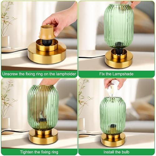 LEDIKON Mid Century Modern Table Lamp, Touch Control & 3 Way Dimmable, Green Glass, Small Gold, Vintage Bedside Lamp for Bedroom, Living Room,Office (Bulb Included) thumbnail 7