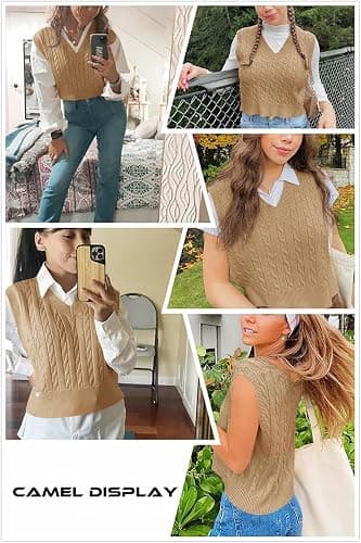 Lailezou Women's V-Neck Knit Sweater Vest Solid Color Argyle Plaid Preppy Style Sleeveless Crop Knit Vest thumbnail 2