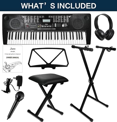 61 Key Portable Electronic Keyboard Piano w/Lighted Full Size Keys, LCD, Headphones, X-Stand, Stool, Music Rest, Microphone, Note Stickers, Built-In Speakers,3 Teaching Modes thumbnail 7