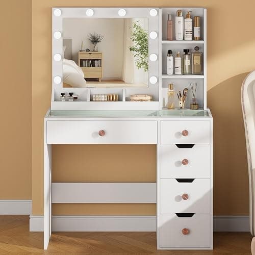 YaoYaoJia Makeup Vanity Desk with Mirror and Lights,35.4" White Vanity with Glass Top,Vanity Table with 5 Drawers,3 Lighting Modes & Brightness Adjustable Dressing Table for Bedroom thumbnail 8