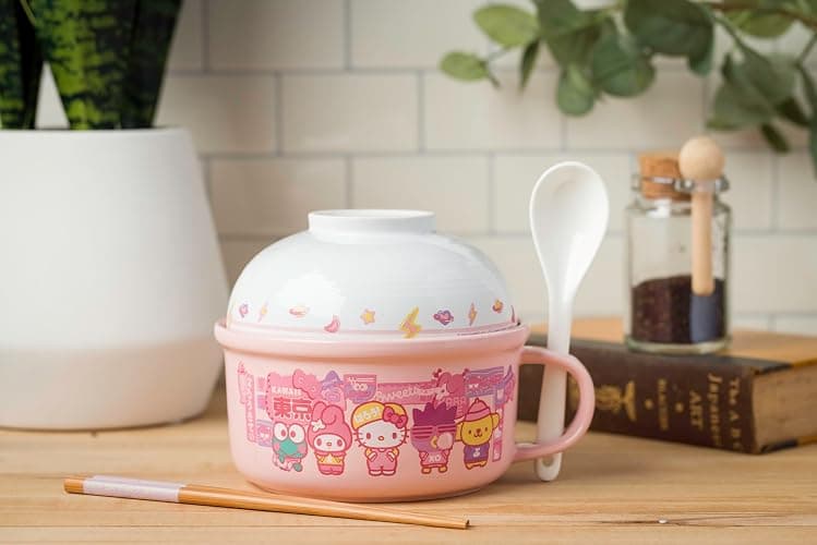 Silver Buffalo Sanrio Hello Kitty and Friends Featuring Keroppi, My Melody, Badtz-Maru, and Pompompurin Soup Mug and Bowl Lid with Spoon and Chopsticks, 13 Ounce Bowl Lid, 22 Ounce Soup Mug thumbnail 2