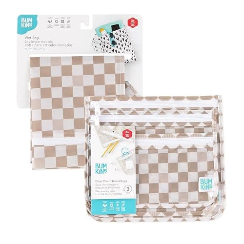 Bumkins Waterproof Wet Bag and Packing Pouches, TSA Airline Compliant, Pack for Baby, Travel, Swim Suit, Cloth Diapers, Pump Parts, Pool, Gym Clothes, Toiletry, Daycare, Zip Bag, 4-pc Set Beige Check - A3 Beige Check thumbnail 6