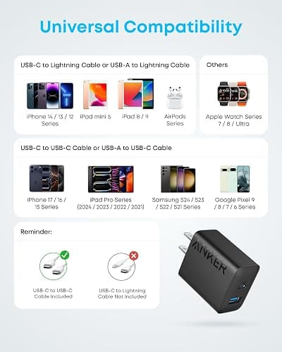 Anker iPhone 17/16 Charger, 2-Pack 20W Fast USB C Charger Block, for iPhone 16/16 Pro Max/15 Series/iPad Pro and More (Black, 2 Pack & 2 Cable) thumbnail 9