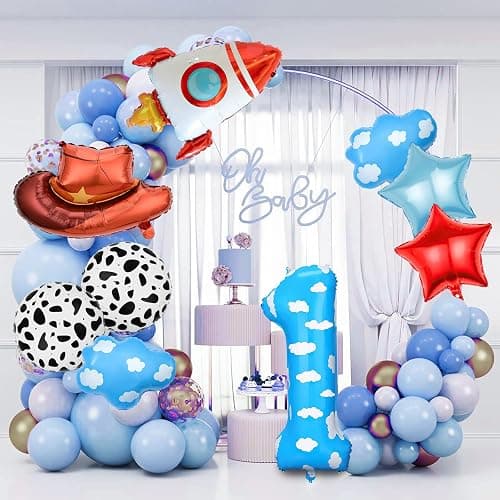 Toy Themed Decorations, 9pcs Cow Print Sky Blue Cloud Balloons with Rocket Balloon and Cowboy Hat Balloon for Kids Inspired Story 1st Birthday Party Decorations (1ST) thumbnail 5