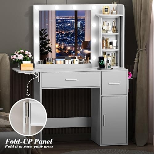 EasyCom Vanity Desk with Rotating Jewelry Organizers, Makeup Vanity with Mirror and Lights, Dressing Table with USB-C Charging Station, 2 Drawers and 1 Cabinets for Bedroom, Dressing Room, White thumbnail 5