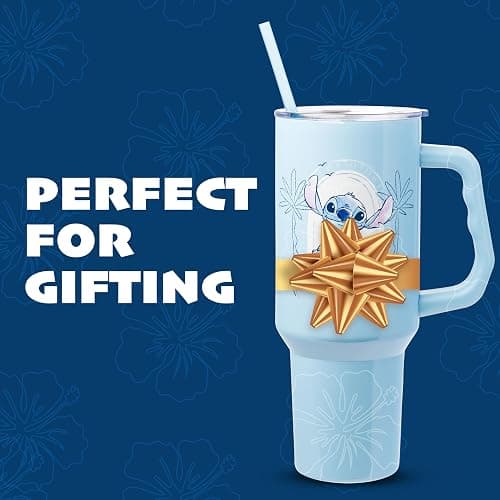 Silver Buffalo Disney Lilo and Stitch, Stainless Steel Tumbler, 40oz | Ocean Design, Tropical, Double Walled, Handle, Straw, Fits in Standard Cup Holder, Minimalistic, 1.18 Liters thumbnail 7