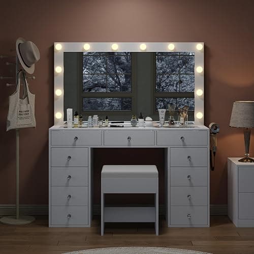 11 Drawers Vanity Desk with Power Outlet, Makeup Vanity with Mirror and 12 LED Lights, 3 Lighting Modes, Vanity Set, Glass Top, Dressing Table for Bedroom,Dressing Room, White thumbnail 8
