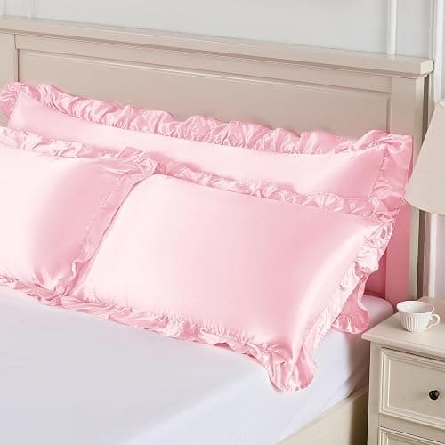 NSGZ Ruffled Satin Pillowcase Set of 2, Standard Size Silky Pillow Shams for Hair and Skin Care, Pink Satin Pillow Covers with Envelope Closure, Anti Wrinkle Pillow Cases for Princess Room Decor thumbnail 4