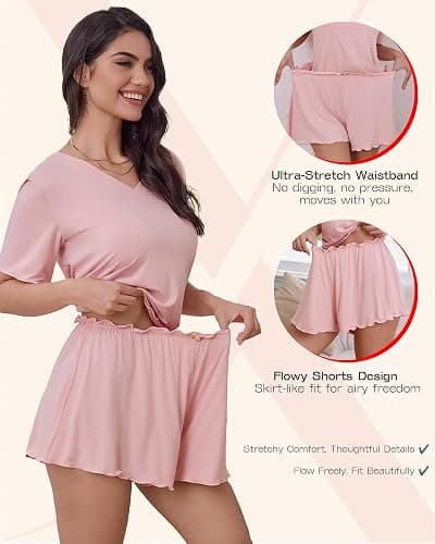 Kylollx Women's Bamboo Pajama Set Rose Applique Ruffled Cooling Sleepwear | Cute rose applique pajamas with ultra-soft bamboo viscose, 4-way stretch and breathable comfort for sleep and lounging thumbnail 2