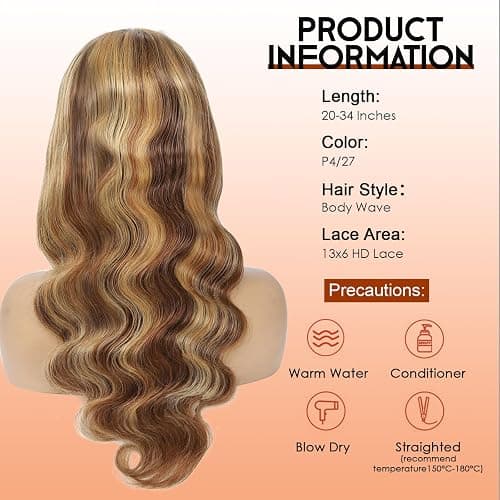 Hepnok 30 Inch Highlight Ombre Lace Front Wig Human Hair Honey Blonde Body Wave 13x6 HD Lace Front Wigs Human Hair Pre Plucked 200 Density Brown 4/27 Colored Lace Frontal Glueless Wigs for Women thumbnail 4