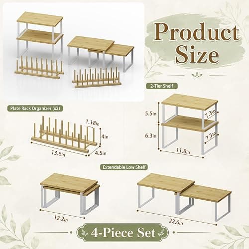 Plate Organizer for Cabinet - 4 Pcs Stackable Plate and Bowl Organizer Set with 2 Cabinet Shelves and 16-Slot Dish Rack for Plates, Bowls, Cups and Pot Lids | Reinforced structure, high load-bearing, deformation resistant, fast draining, space saving, multi-scene use, quick assembly thumbnail 3