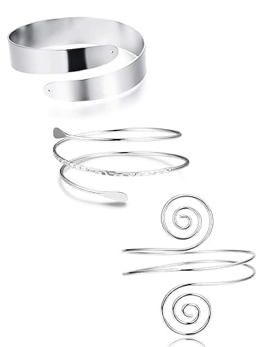 FUNRUN JEWELRY Arm Cuff Upper Arm Band for Women Gold Arm Cuff Bangle Bracelets Adjustable Coil Swirl Armlet ArmBand Jewelry,3-4Pcs - A:Silver tone