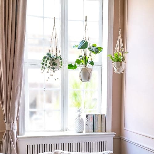 Mkono Macrame Plant Hanger Indoor Hanging Planter Basket with Wood Beads Decorative Flower Pot Holder No Tassels for Indoor Outdoor Boho Home Decor 35 Inch, Ivory, Set of 1 (POTS NOT Included) thumbnail 5