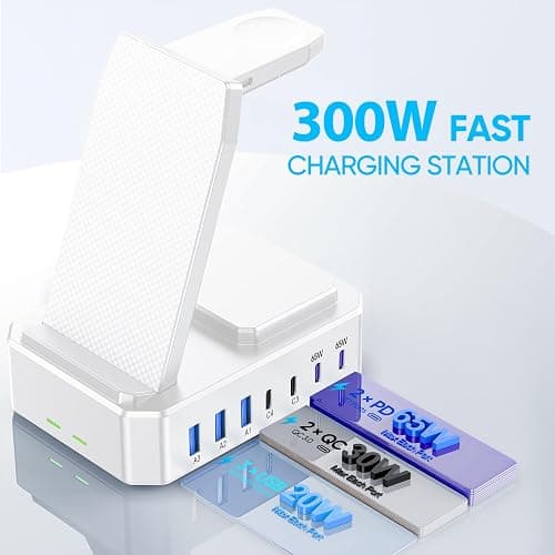 300W Charging Station for Multiple Devices Apple, Zutspzss 10 in 1 Wireless Charger for iPhone 17, GaN III USB C 65W PD Fast Charging Stand Dock for MacBook, Apple Watch&Airpods,White thumbnail 4