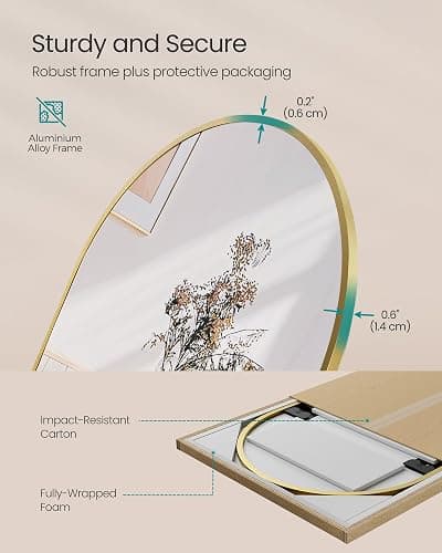 SONGMICS Full Length Mirror, 160 x 50 cm, Arched Full Body Mirror with Stand, Aluminium Alloy Frame, Tempered Glass, for Bedroom, Living Room, Cloakroom, Pale Gold LFM031A01 thumbnail 6