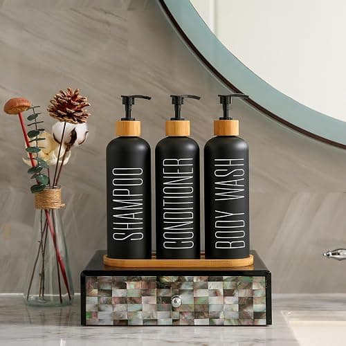 Prus Waso Shampoo and Conditioner Dispenser, Contains Shampoo Conditioner Body Wash Dispenser. Shower Dispenser with Bamboo Pumps & Tray, Perfect for Bathroom Essentials for New Home. (Black) - Black thumbnail 3