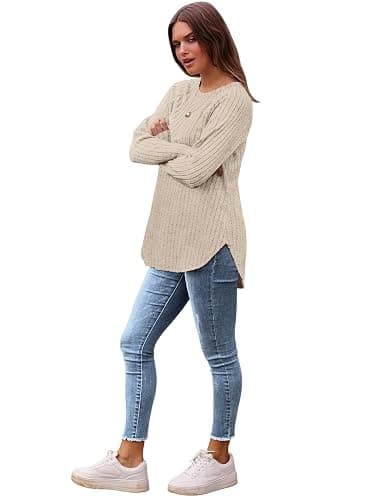 Saloogoe Long Sleeve Shirts for Women 2025 Fall Clothes Tunic Tops Loose Fit Dressy Crewneck Pullover Sweaters Curved Hem thumbnail 3