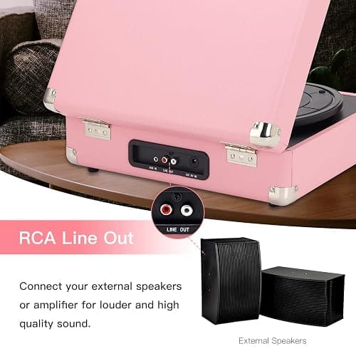 Jorlai Vinyl Record Player 3 Speed Turntable with Bluetooth, Built in Battery, Portable Suitcase, Built in Speakers, 3.5mm Headphone Jack Aux in/RCA Out Pink for Home Decoration Gift thumbnail 6