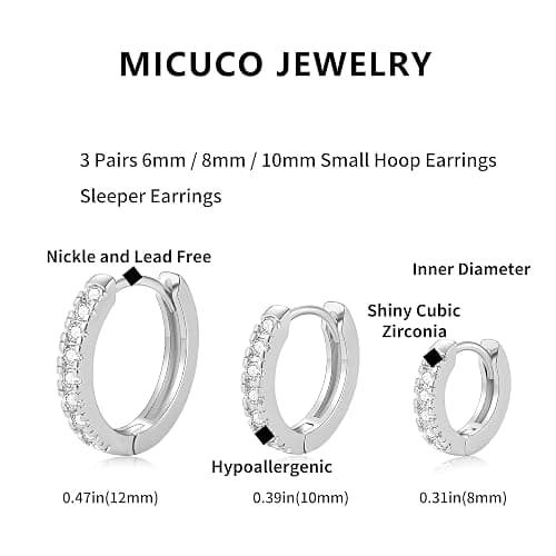 micuco 3 Pairs Small Hoop Earrings Tiny Cartilage Earrings for Women Cubic Zirconia Earrings Huggie Hoop Ear Piercing Earrings for Men 8mm 10mm 12mm thumbnail 7