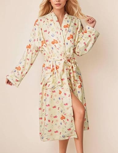 Women Fleece Plush Robes Floral Fruit Print Soft Flannel Bathrobe Christmas Robe Long Bath Robe for Women thumbnail 2