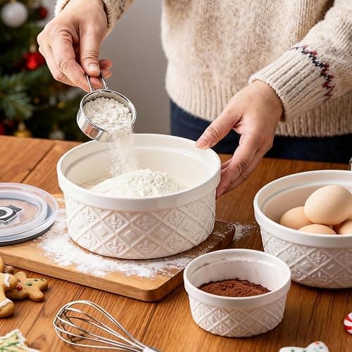 Large Mixing Bowls with Airtight Lids, Classic White Porcelain Embossed Nesting Salad Bowls for Baking and Cooking, 12/16/28/40oz Serving Bowls Set of 4, Oven and Dishwasher Safe, Thanksgiving Gift thumbnail 2
