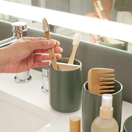 iDesign Ceramic Earth Collection Toothbrush Holder with Paulownia Wood Divider, Moss/Natural Wood thumbnail 7