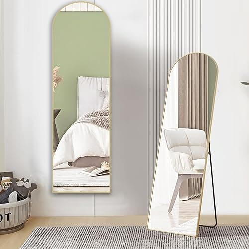 OLIXIS Arched Full Length Mirror 59"x16" for Bedroom, Full Body Mirror with Stand, Hanging or Leaning for Wall, Aluminum Alloy Thin Frame Floor Standing for Living Room, Tall, Gold thumbnail 7