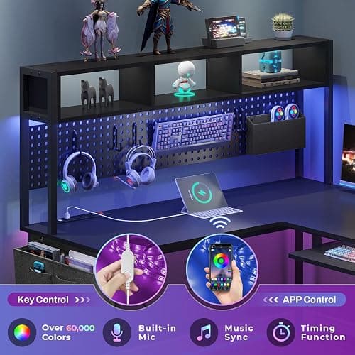SEDETA L Shaped Gaming Desk, Reversible Computer Desk with Power Outlet and Pegboard, Gaming Desk with Led Lights, Keyboard Tray and Storage Bag for Home Office, Black thumbnail 4