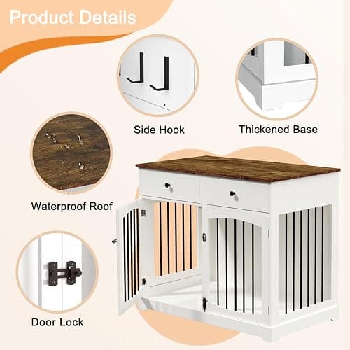 BREEZEHEAT 40 inch Dog Crate Furniture-Farmhouse Dog Kennel with Drawers-End Table Wooden Pet Crate, Double Door Design, Decorative Dog House Indoor for Small Medium Large Dog, White thumbnail 6
