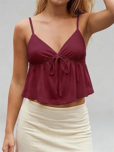 Women Y2k Flowy Ruffle Hem Cami Tank Top Casual Solid Color Deep V Neck Sleeveless Peplum Camisole Summer Beachwear thumbnail 3