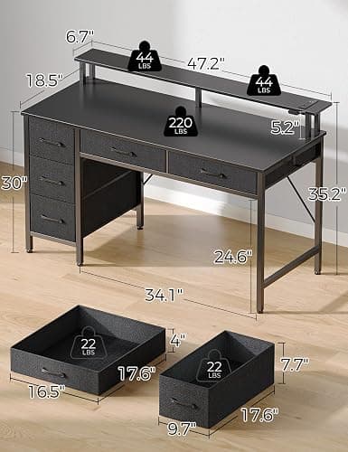 Seventable Computer Desk with Power Outlets & LED Light, 47 inch Home Office Desk with 5 Drawers, Writing Desk with Monitor Stand, Work Desk for Home Office, Black thumbnail 3