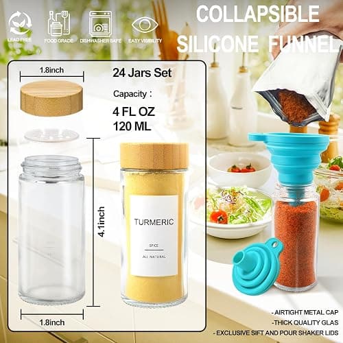 AISIPRIN Glass Spice Jars with 398 Labels-4oz 24 Pcs,Round Seasoning Jars with Bamboo Airtight Lids,Spice Container Set -Shaker Lids, Funnel,Brush and Marker Included thumbnail 2