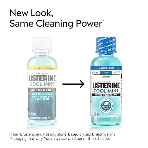 Listerine Cool Mint Alcohol-Free Mild Mouthwash, Oral Rinse Kills 99.9% of Germs that Cause Bad Breath, Less Intense Taste, Mild Mint Flavor, 3.2 fl. oz thumbnail 2